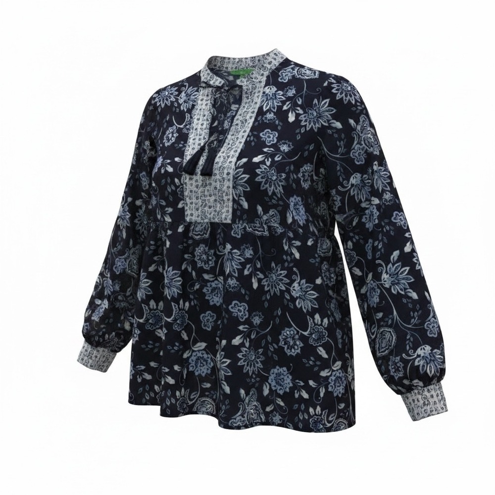 Dip Navy Blue Floral Peasant Blouse Tassel Tie Empire Waist Top Womens Medium